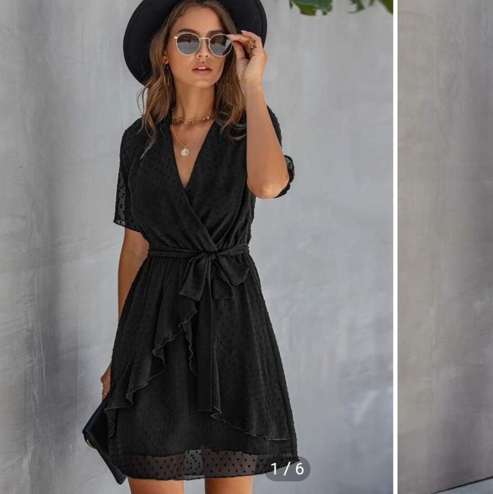 Ruffle Trim Belted Dress - Black